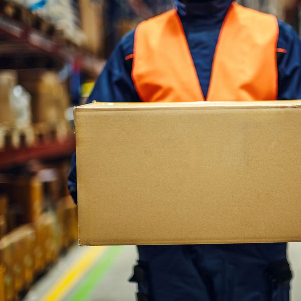 Worker in an orange vest holding a cardboard box in a warehouse.