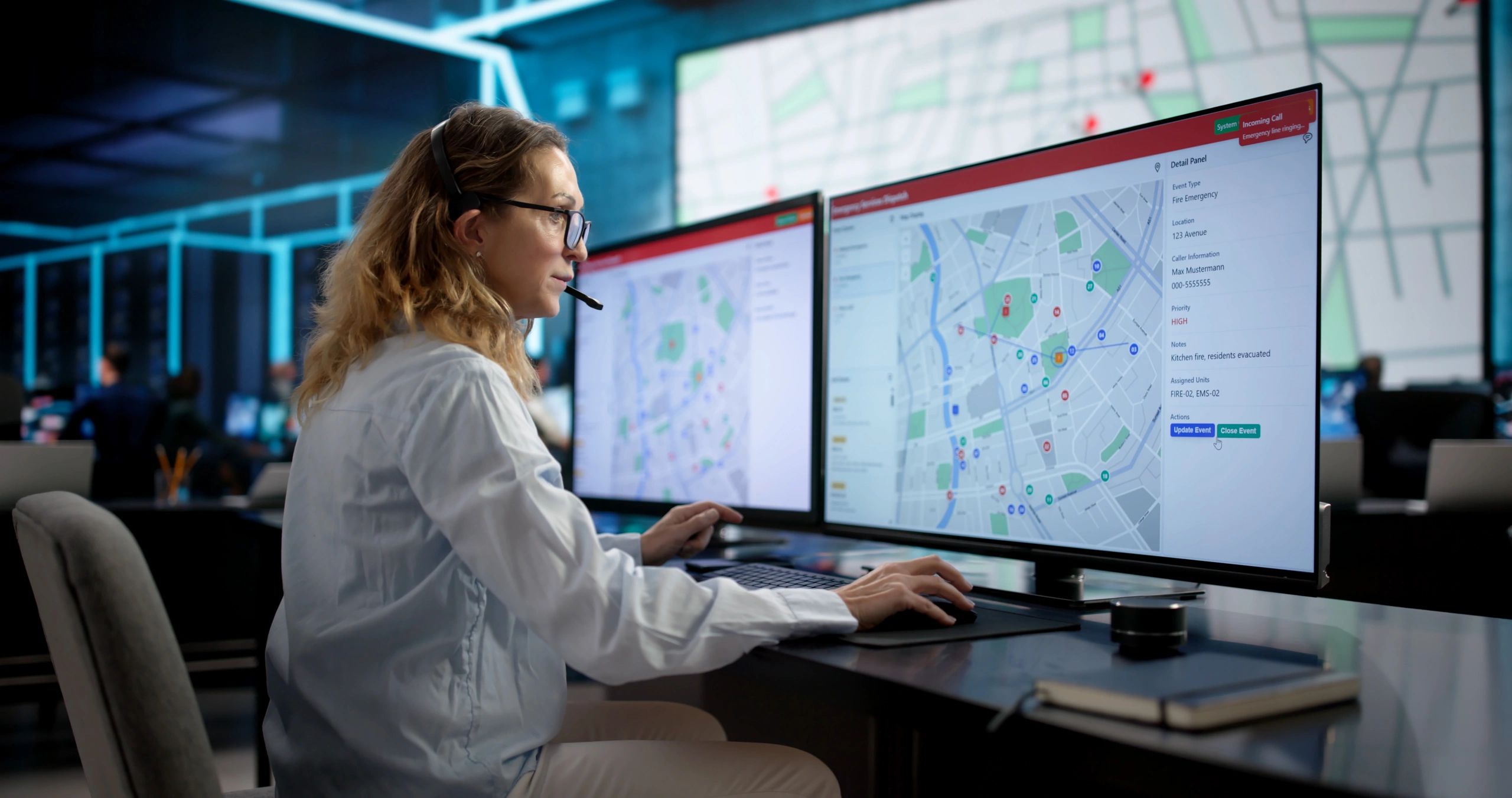Freight dispatcher coordinating transportation and carrier operations using multiple computer screens.