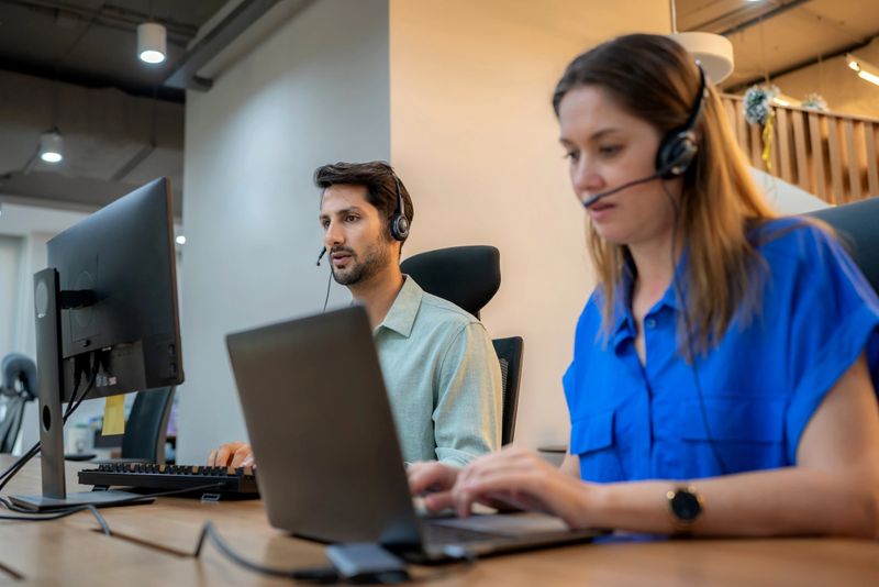 Friendly female call center representative wearing a headset with a microphone. She is providing efficient customer service and support while talking on the phone in a modern office, showing a helpful and professional smile.
