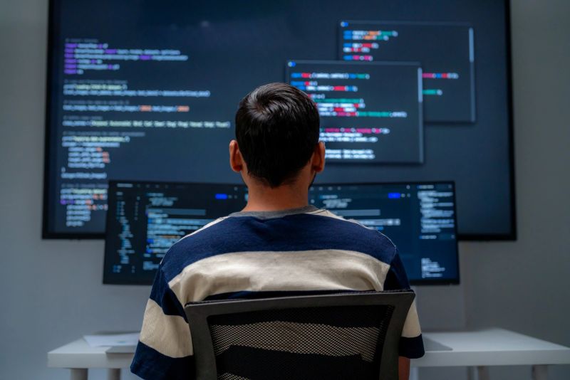 Rear view of a software engineer coding on multiple monitors in a dark office. Professional developer debugging and writing complex programming scripts on several computer screens during a late night session.