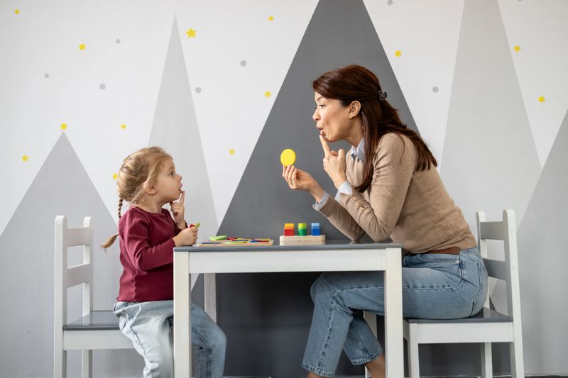 Female speech therapist working with a young girl, teaching her communication skills during an educational lesson at a table with colorful toys in a bright room