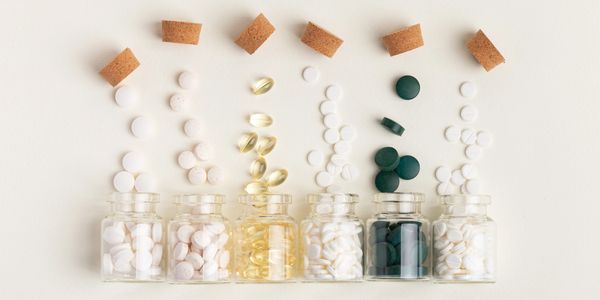 Various pills and capsules arranged creatively above small glass jars with cork lids.