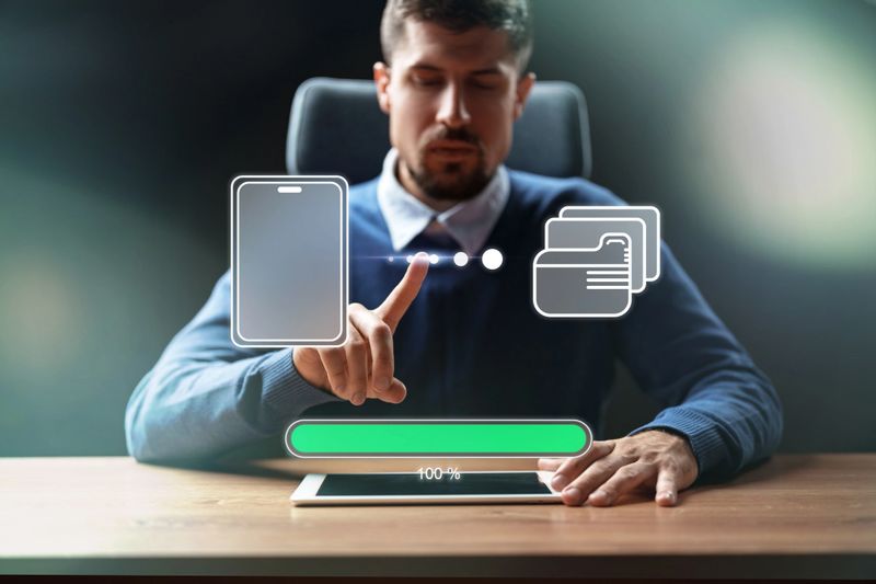 A man uses his finger to select options on a digital display while seated at a desk.