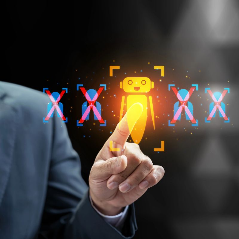 Conceptual image of a businessman's hand choosing a glowing robot icon over crossed-out human silhouettes, representing artificial intelligence replacing people in the workforce