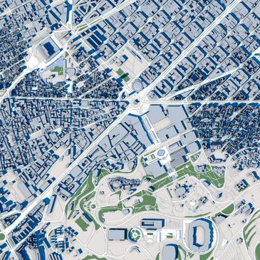 3D aerial view of an urban cityscape with buildings and roads.
