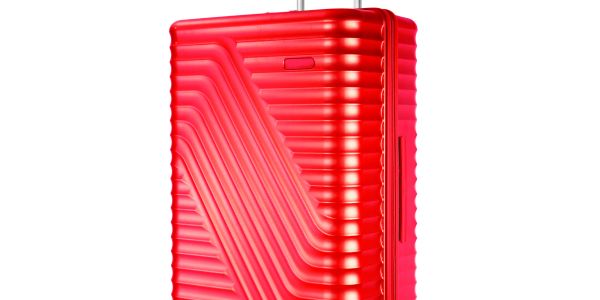 Bright red hard-shell suitcase with ridged texture.