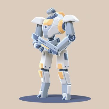 A futuristic humanoid robot holding a weapon, standing on a shadowed surface.