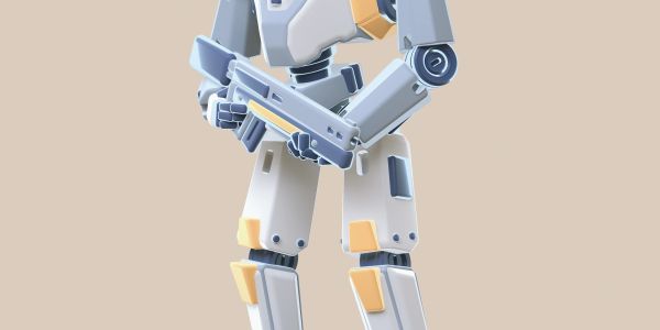 A futuristic robot holding a weapon with sleek design details.