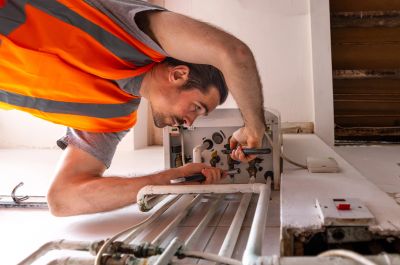 Technician repairing an electrical box.