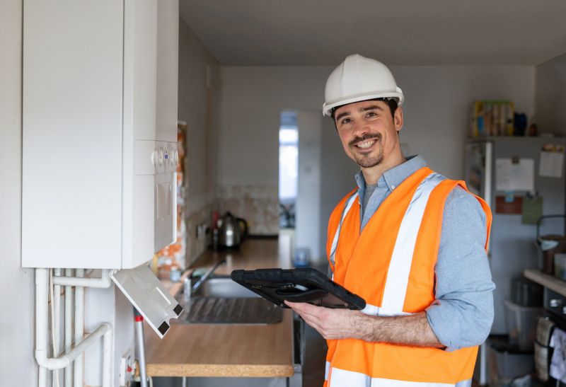 Technician installing a gas boiler at a house and holding a digital tablet while looking at the camera smiling