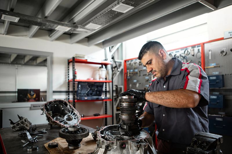 Male mechanic repairing the gears of a car's gearbox in a workshop - Buenos Aires - Argentina