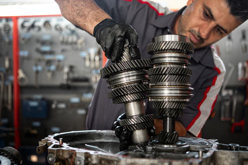 Male mechanic repairing the gears of a car's gearbox in a workshop - Buenos Aires - Argentina