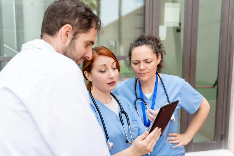 Healthcare team discussing medical data on digital tablet, collaborating outside hospital building for patient care