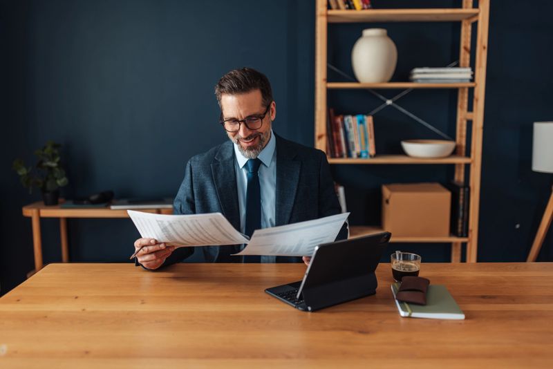 A cheerful professional man smiling while reviewing reports in a stylish office, highlighting the importance of comfort and efficiency in a modern business atmosphere.