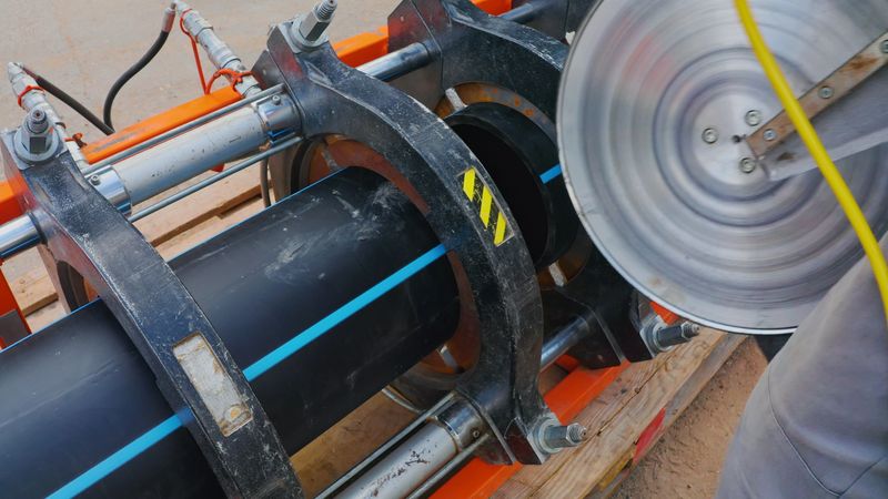 Worker preparing two black polyethylene pipes with blue stripes for butt fusion welding using a specialized machine