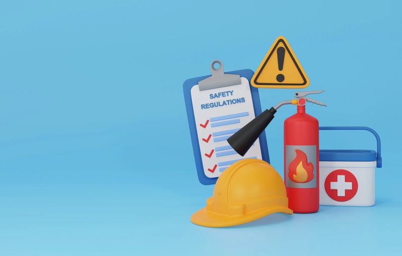 Workplace safety rules with a fire extinguisher, first aid kit, and hard hat. Topics include occupational health and safety, industrial safety, and fire safety.