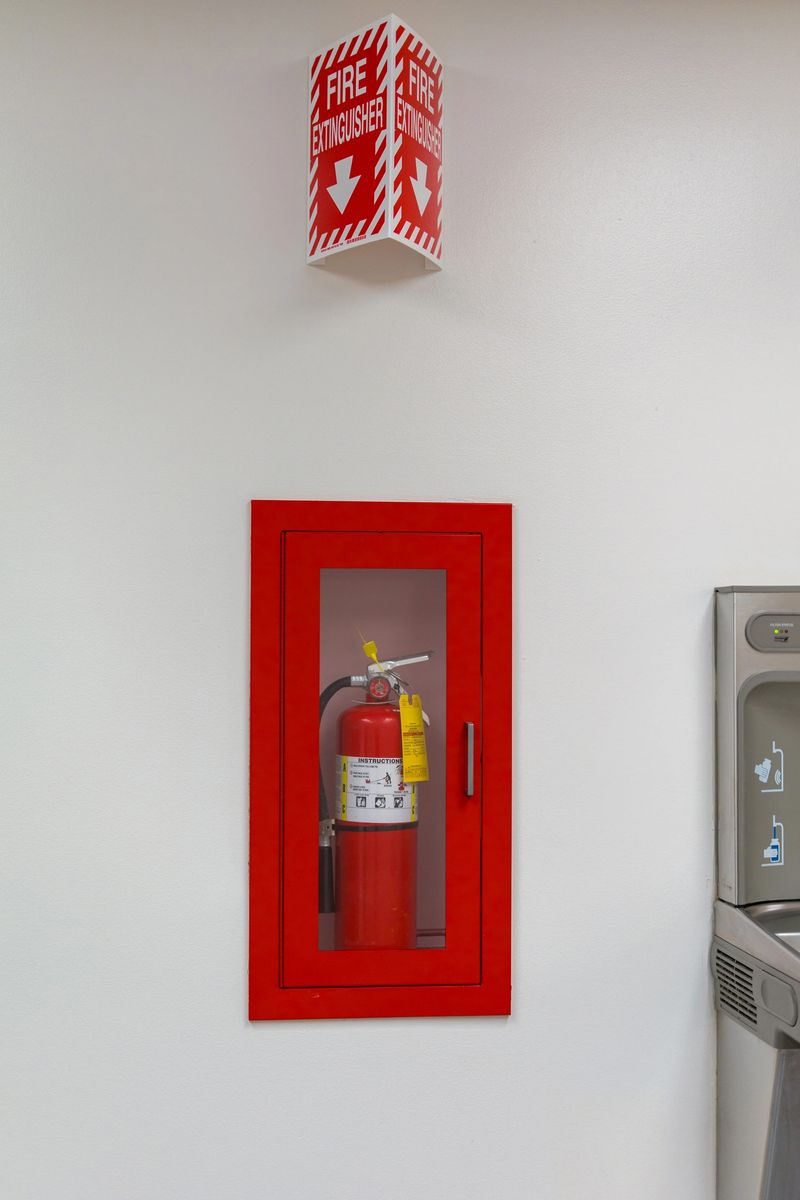 A vertical shot of a portable red fire extinguisher stored inside a metal cabinet with a glass door on a white wall. Above the cabinet, a prominent red and white "Fire Extinguisher" sign with arrows is mounted. This image illustrates workplace safety compliance, emergency preparedness, and fire protection equipment.