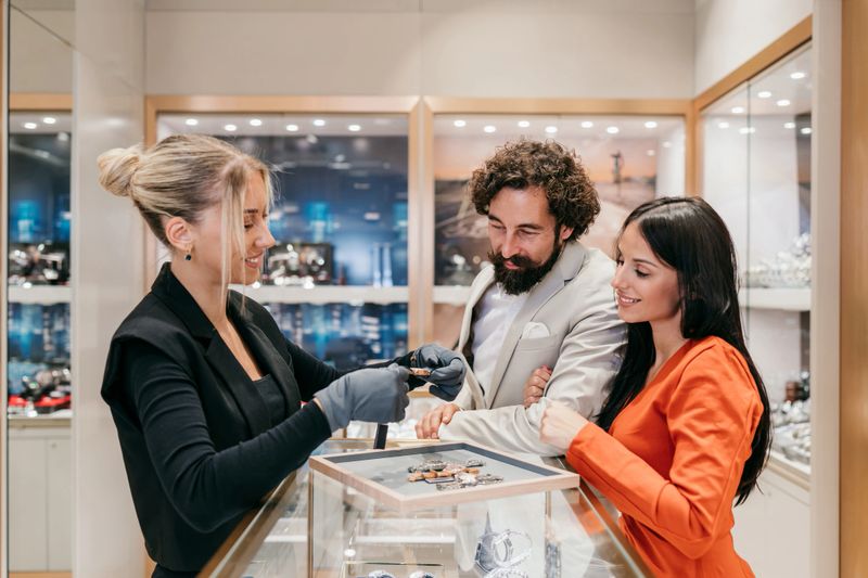 Saleswoman presenting an elegant watch to a smiling couple in a luxury jewelry boutique as they explore gift options for a special occasion, assisted by professional retail service