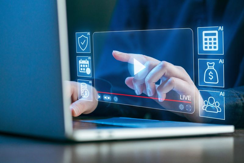 A person engages with a virtual display on a laptop, using their finger to interact with icons representing various artificial intelligence tools and functions.