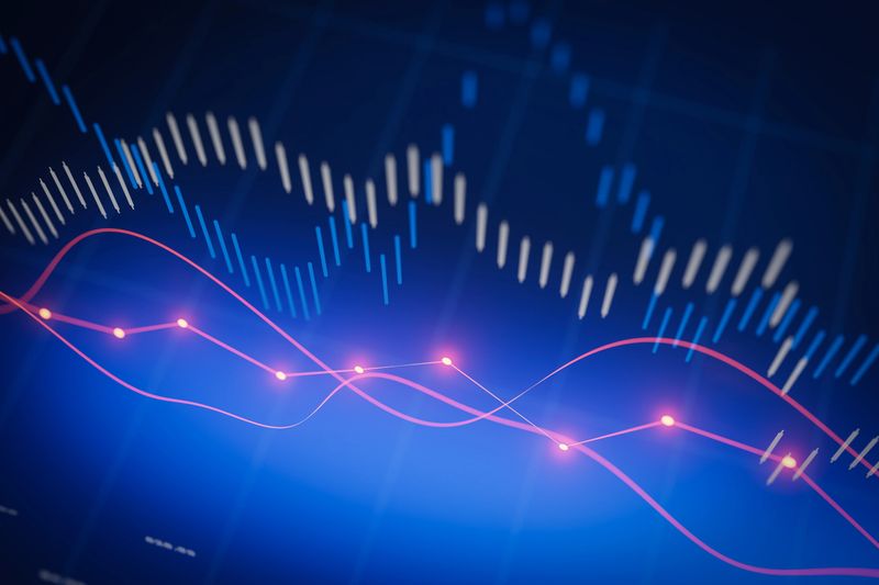 Blue and red lines display data trends on a dark background, highlighting peaks and valleys that indicate market behavior over time. This is a common method used in analytics.