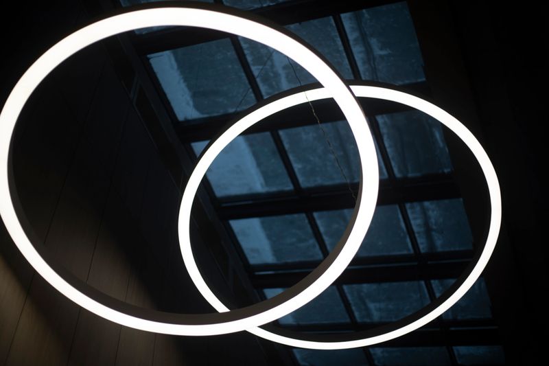 Circular lamps in the interior. Flat lamps. Light in the room. Interior light.