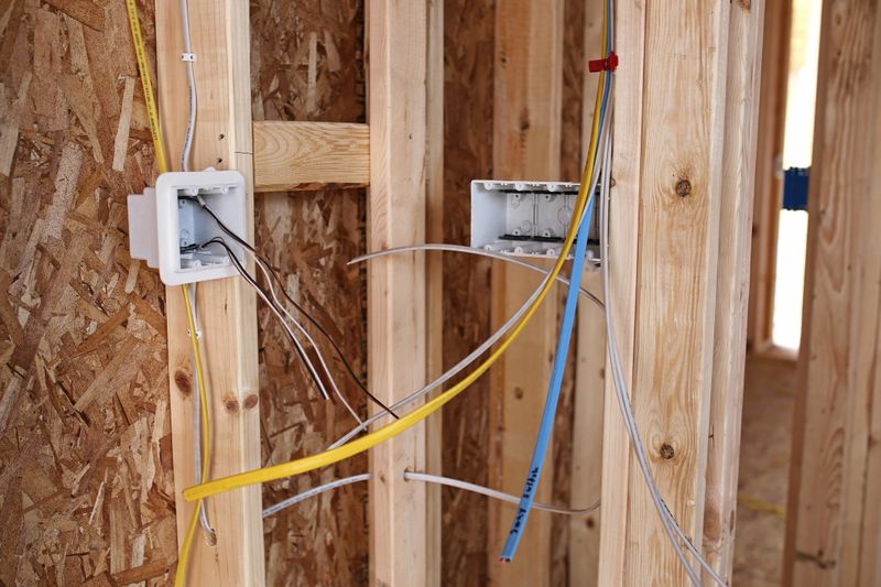 The rough in electrical wiring for outlets and switches in seen between studs in the framing of a new construction house.