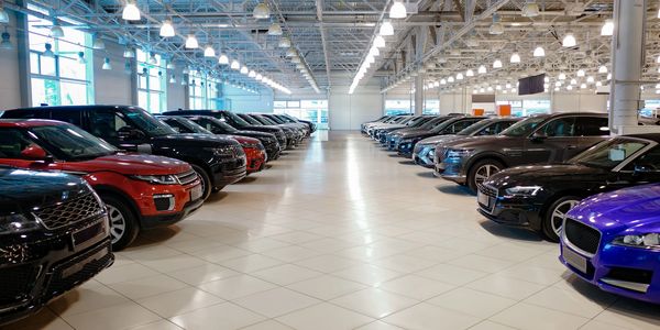 Car dealership showroom with a selection of vehicles.