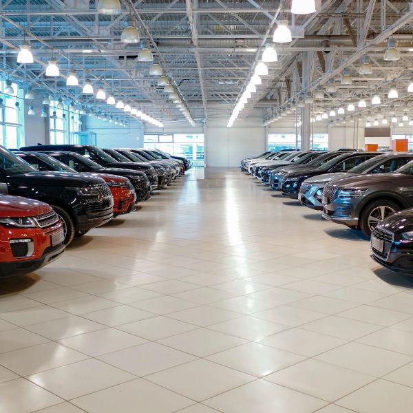 Rows of parked cars in a spacious, well-lit showroom.