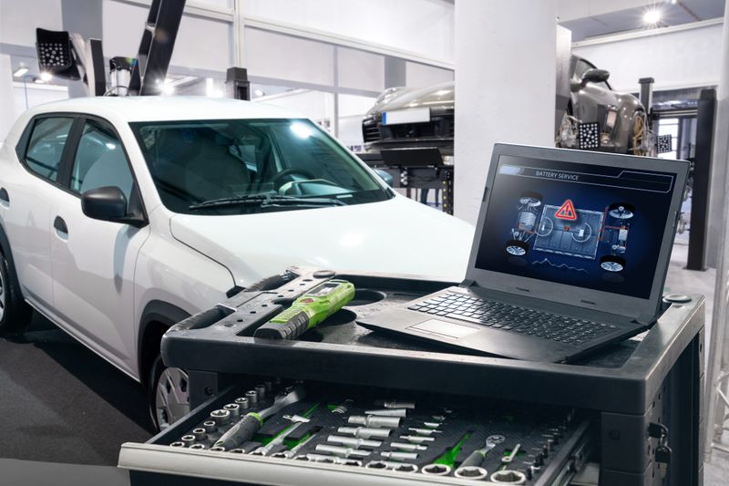 Checking the battery pack of an electric car at a service center.