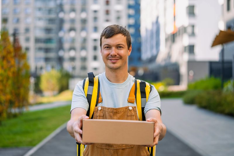 Smiling man courier delivering a cardboard box parcel. Wearing an insulated delivery bag. Standing in a modern residential area. Symbolizing efficient service. Online shopping. And logistical support