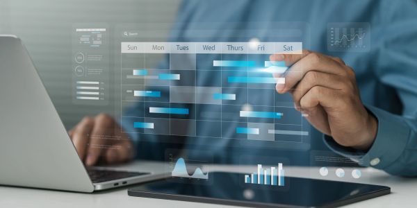 Person interacting with a digital weekly schedule on a transparent interface.
