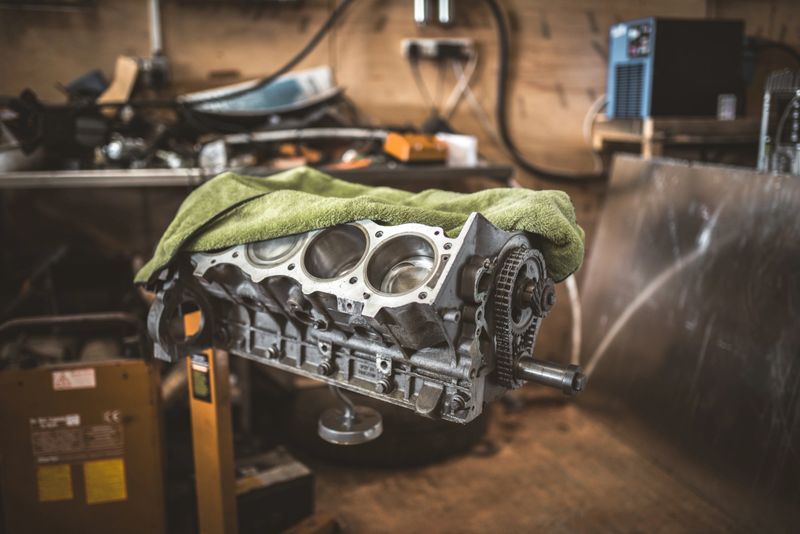 An engine block sits on a stand, ready for work in a well-lit workshop setting