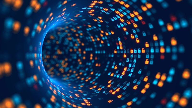 Digital tunnel with glowing lock symbols flowing. Cybersecurity, encryption, data protection, and secure information transfer across networks.