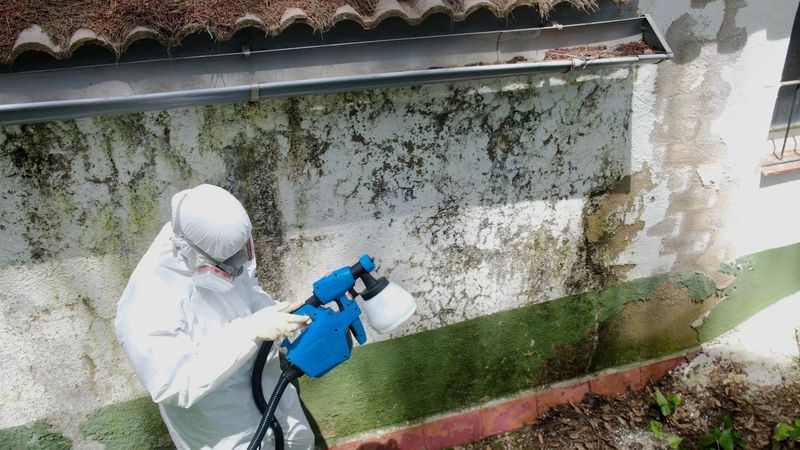 Adult professional wearing a full white protective suit, gloves, and respirator mask cleaning toxic mold from a dirty, stained exterior wall with an electric sprayer