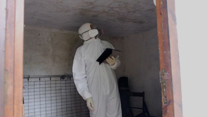 Professional adult inspector in hazmat suit and respirator mask documenting mold, water damage, and contamination in a basement using a digital tablet for environmental assessment
