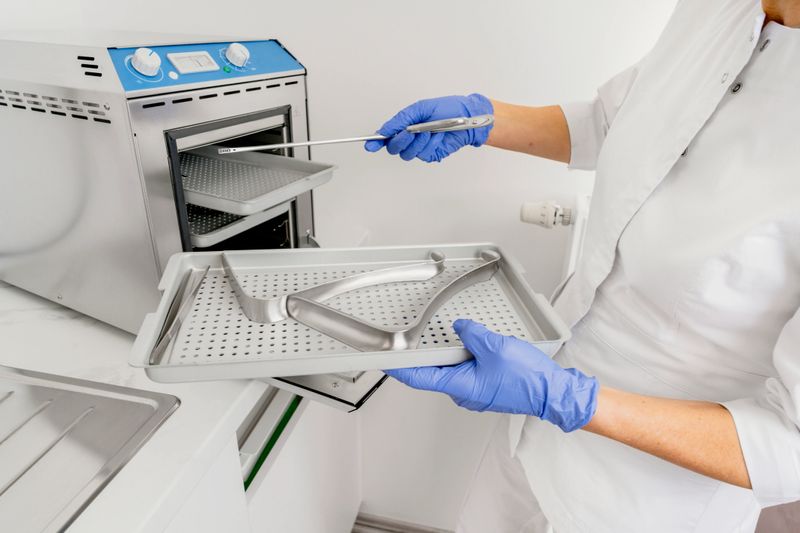 Female technician in white attire takes out metal trays from a modern oven in a bright kitchen, showcasing a clean and organized workspace