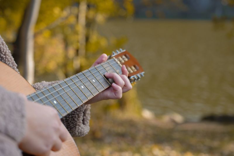 Close up of hands artist plays wooden acoustic guitar in autumnal park. Young songwriter plays string musical instrument hobby outside in nature fall time. Audio music healing in natural surrounding.