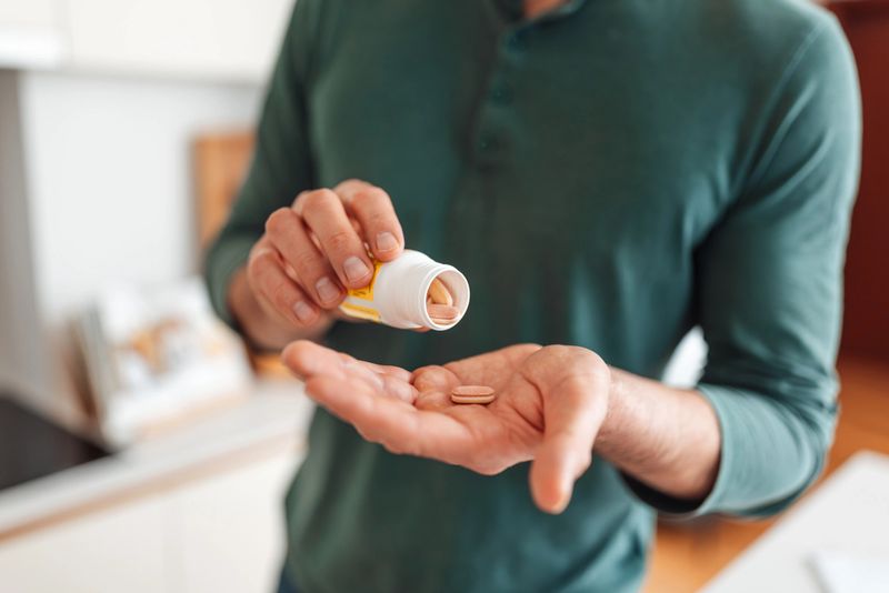 A close-up shows a man carefully pouring vitamins from a bottle into his palm, emphasizing self-care and a commitment to health in a modern kitchen setting.