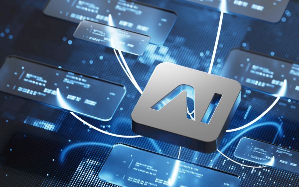 AI concept with digital interface and data streams.