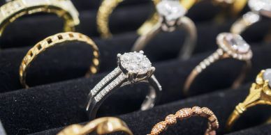 Diamond engagement rings on display.
