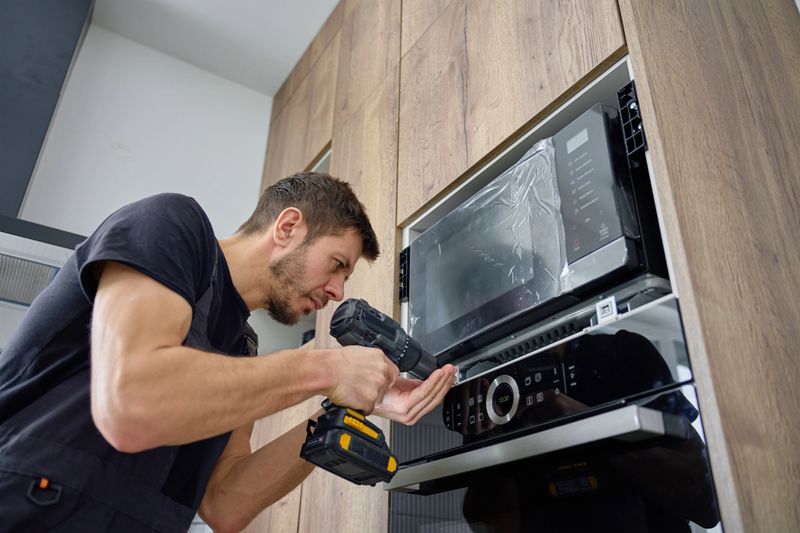 Man in workwear installing built in microwave above oven using cordless screwdriver in wooden kitchen cabinet