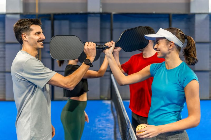 Four adults enthusiastically playing pickleball on a vibrant blue court, holding paddles and celebrating a successful match with a high-five over the net, enjoying teamwork and healthy recreation