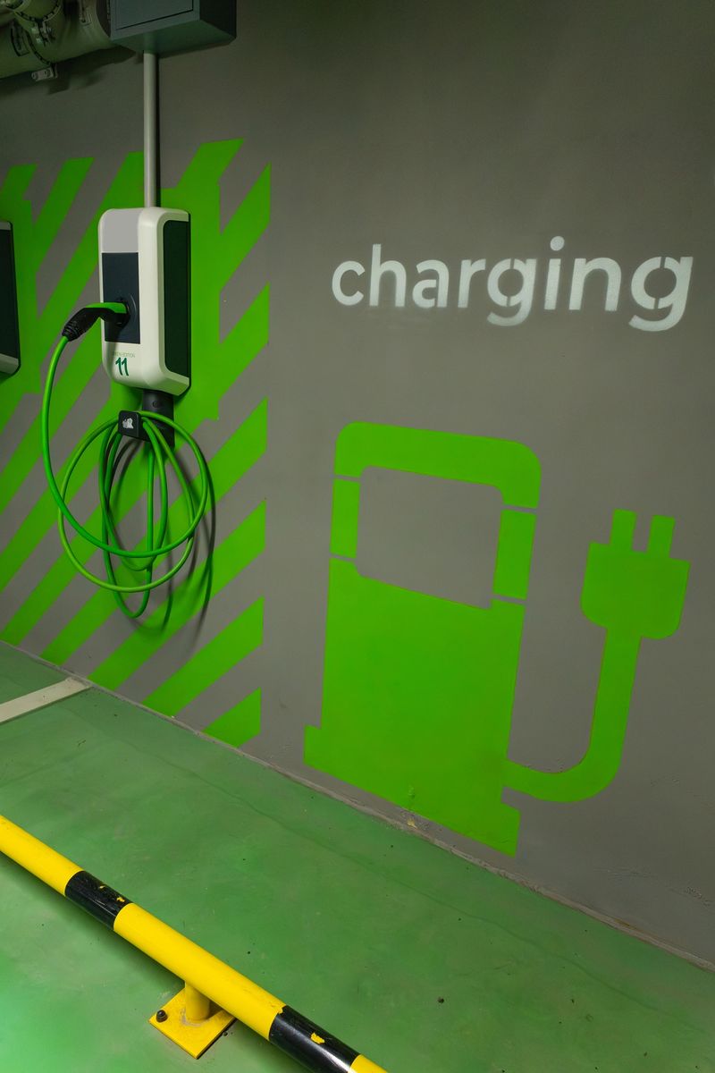 ide-angle photo series with generous copy space showcasing a modern electric vehicle charging station in an underground parking garage. The bright green epoxy floor features large white painted EV car and charging plug icons, creating clear visual wayfinding for electric vehicle parking spaces. The gray concrete wall displays vibrant green diagonal stripe graphics with "charging station" text and charging symbol iconography. Wall-mounted EV chargers numbered 9, 10, and 11 are installed with coiled green charging cables. Yellow and black safety barriers protect the designated parking area. Close-up shots detail the "GREEN EDITION" branded charging units with cables plugged into outlets. The industrial setting includes exposed ceiling pipes, fluorescent lighting, and fire safety equipment. This composition provides abundant copy space on walls, floor, and background areas, perfect for text overlay promoting sustainable transportation, green energy infrastructure, eco-friendly parking solutions, and electric mobility. Ideal for content about EV charging networks, sustainable urban development, parking facility upgrades, renewable energy adoption, and zero-emission transportation infrastructure.