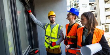 Three construction workers inspecting a building.