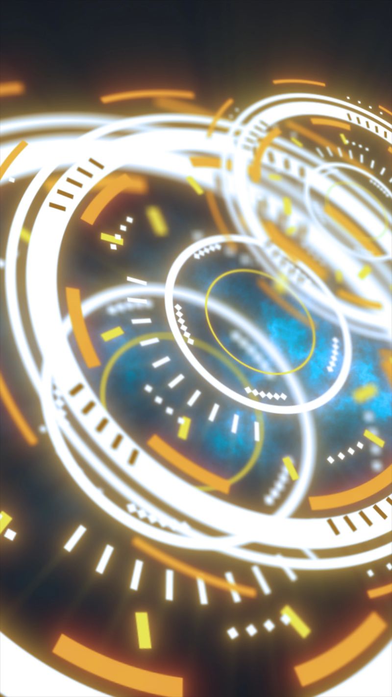 Glowing white and orange HUD rings with digital markings, abstract sci-fi user interface background for technology, analytics, and cyber systems.