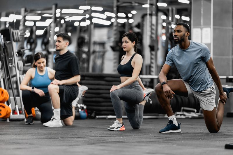 Group of young adults performing lunges and stretches in a modern gym, focused on strength, flexibility and teamwork during a guided workout session.