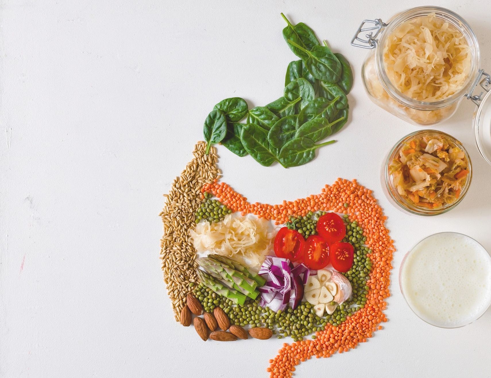 Gut-friendly foods arranged in the shape of the digestive system — functional nutrition Utah