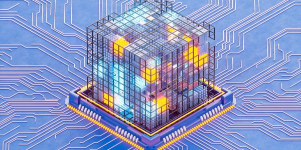 3D cube with glowing colored blocks on a circuit board.