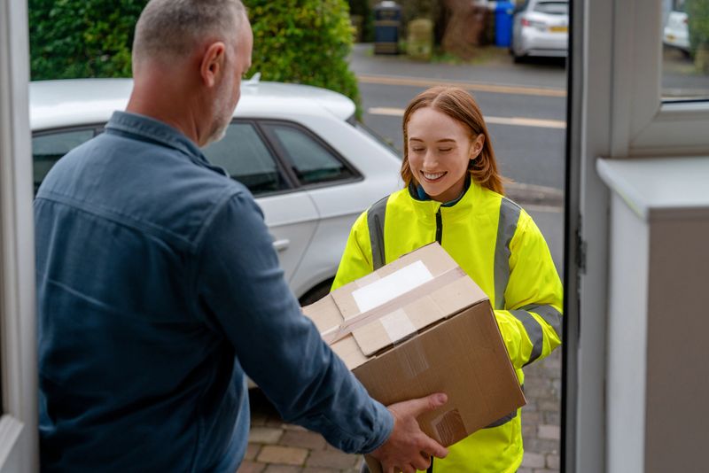 A delivery worker in a bright jacket gives a package to a customer at the front door. The scene takes place in a residential neighborhood with clear skies.