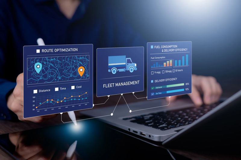 Business professional using a laptop with virtual logistics dashboard showing fleet management, route optimization, and delivery performance analytics. Concept of smart transportation technology, supply chain management, and digital logistics solutions for modern business operations.